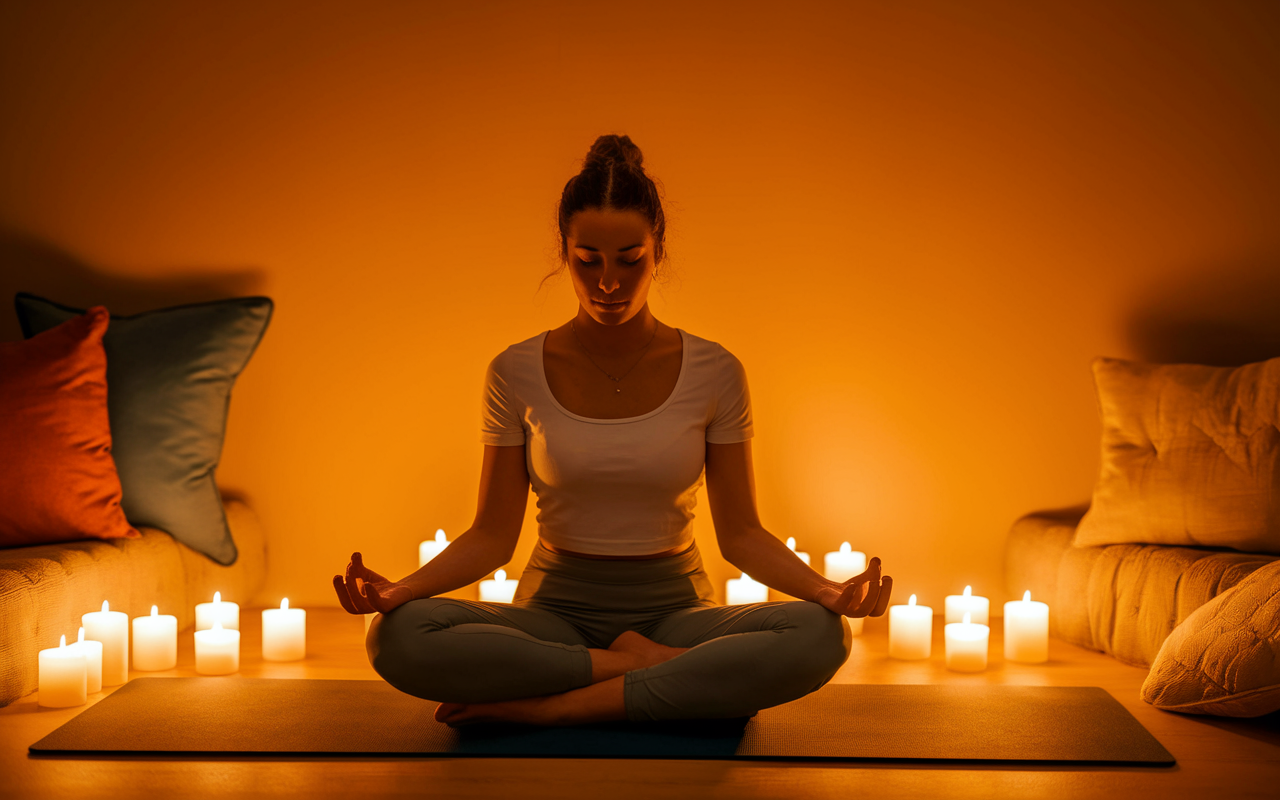 A tranquil moment captured before studying, showing a student sitting cross-legged on a yoga mat, practicing deep breathing in a softly lit room. There are candles glowing gently and soft pillows surrounding, creating a peaceful atmosphere. The warm light and calming decor evoke feelings of serenity and focus as the student prepares mentally for their studies.