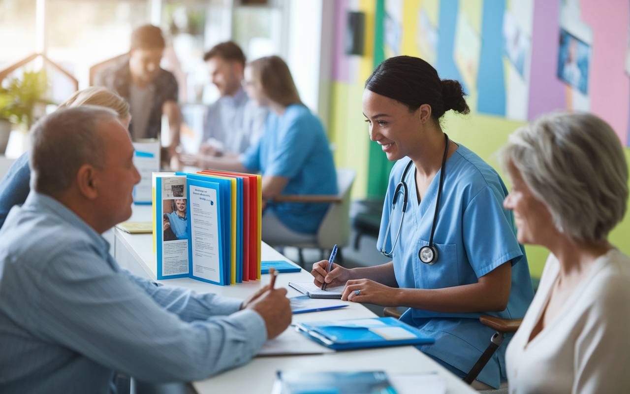 A compassionate physician in scrubs engaging with patients in a busy clinic waiting room. They are attentively listening to an elderly patient while taking notes. Brightly colored patient charts and medical brochures are displayed on a reception desk. A sense of warmth and empathy fills the scene, with other patients waiting in a comfortable yet bustling environment. Soft lighting and vibrant colors enhance the feeling of a healthcare community.