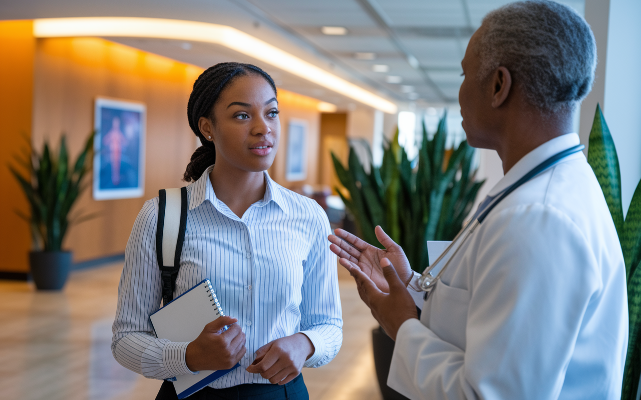 A focused medical student communicating with a healthcare professional in a clinic lobby. The student is dressed in professional attire, carrying a notepad, and listens intently to the advice from the physician. The warm lighting in the lobby creates a welcoming atmosphere, with potted plants and medical posters decorating the space, symbolizing a connection between learning and mentorship.