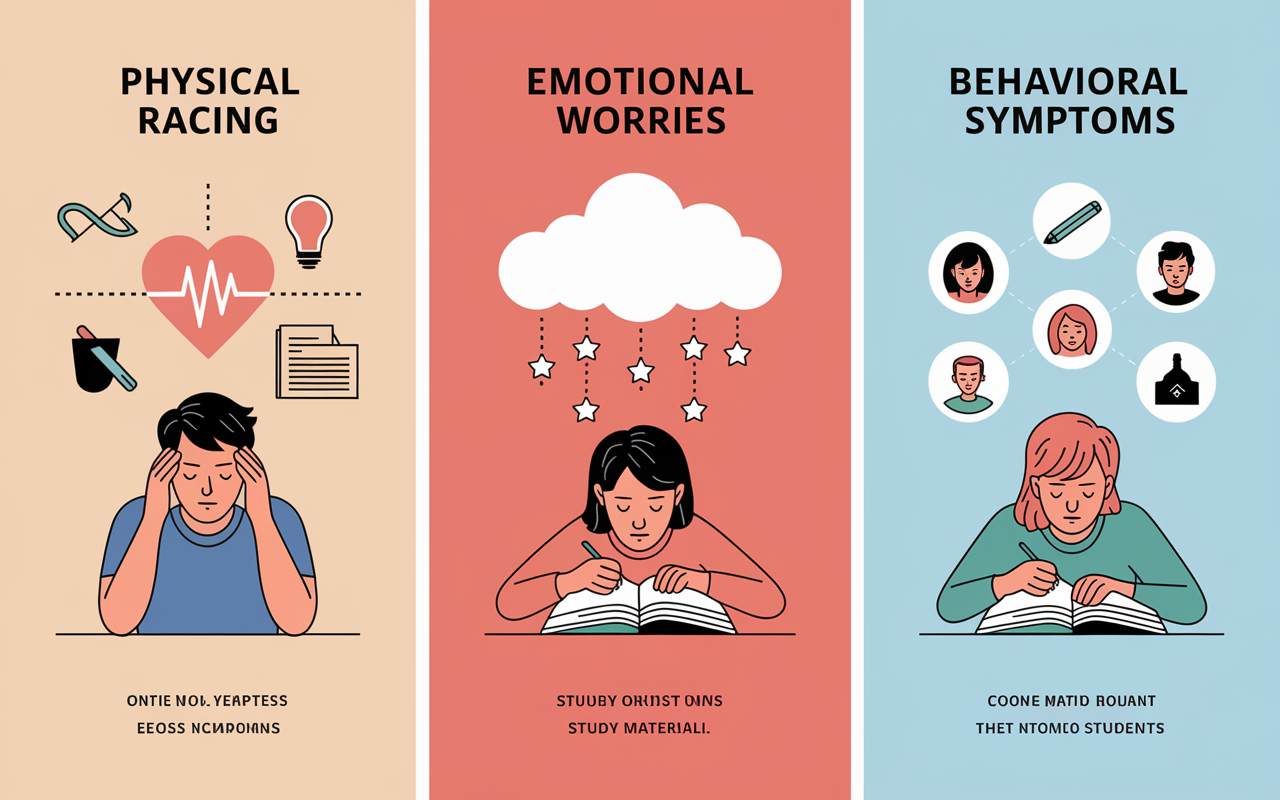 An infographic-style image depicting the various symptoms of test anxiety. Display three sections categorizing Physical, Emotional, and Behavioral Symptoms with relevant icons such as a heart racing, a cloud of worries, and a student avoiding study material. Use a harmonious color palette, with light, calming colors for the background, symbols for each symptom, and concise, clear descriptors to highlight the challenges faced by students.