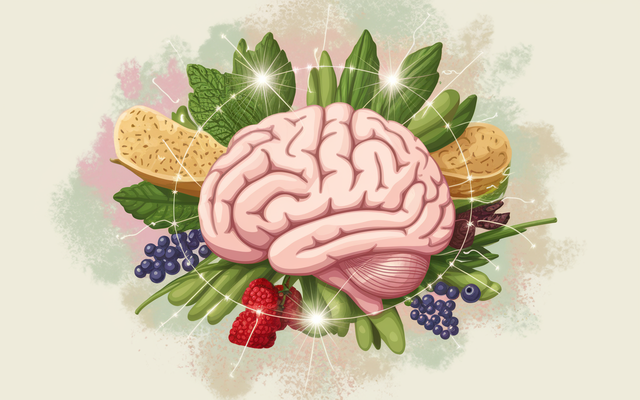 An artistic representation of a brain surrounded by various nutritious food items like whole grains, leafy greens, fatty fish, and berries. The brain is illuminated with bright lines connecting to each food type, symbolizing the positive impact of nutrition on mental health. The background is filled with soft pastel colors to evoke a sense of calm and well-being, while the food items are vibrant and appealing.