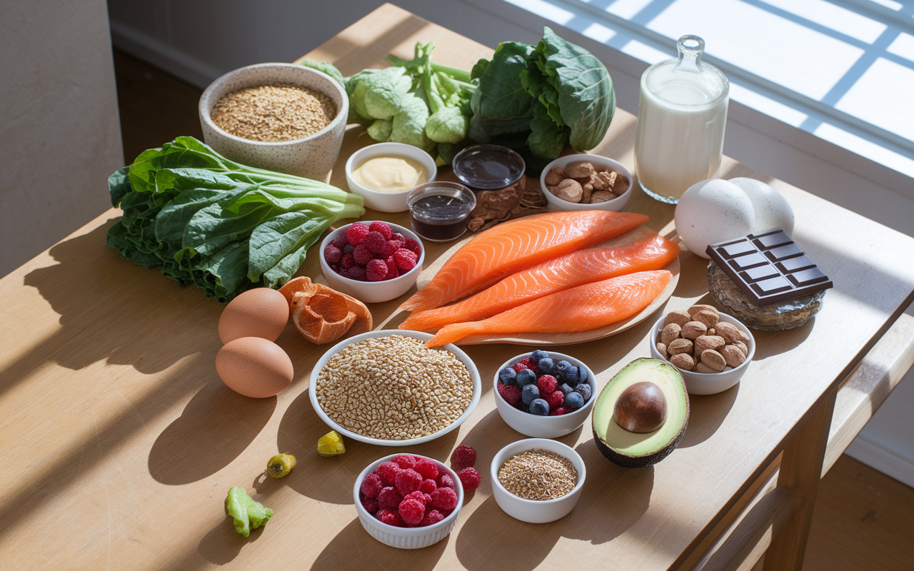 A vibrant and colorful display of various food items beneficial for alleviating test anxiety, arranged in an aesthetically pleasing flat-lay. Include whole grains, leafy greens, fatty fish, berries, nuts, dark chocolate, herbal teas, eggs, yogurt, and avocados on a wooden table. Natural light streams in from a window, casting soft shadows, emphasizing freshness and health. This setting evokes a sense of nourishment and well-being.