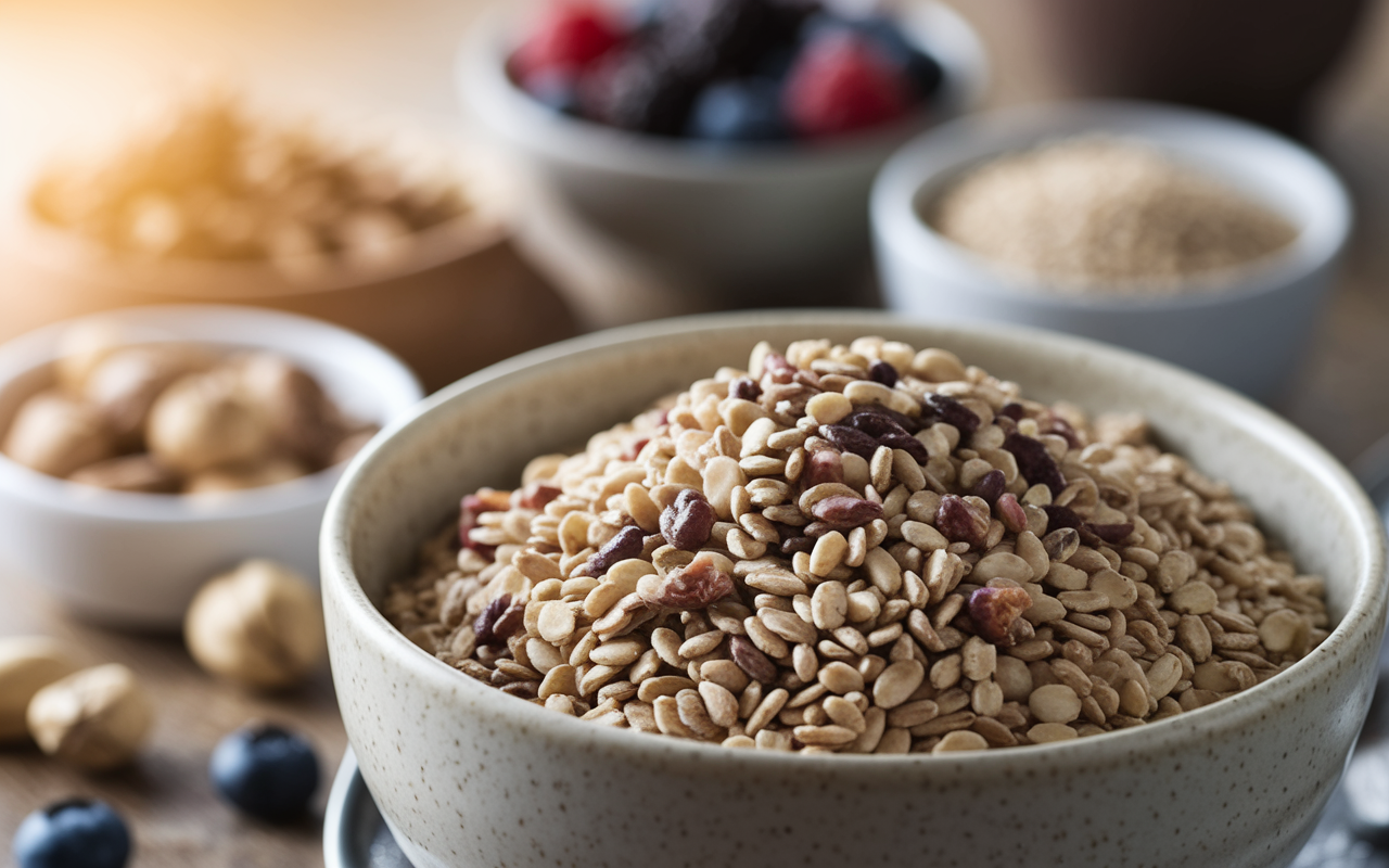 A close-up, detailed photograph of a bowl filled with various whole grains like brown rice, quinoa, and oats, surrounded by ingredients such as nuts and berries. Natural morning light highlights the textures and colors of the grains, creating a warm and inviting atmosphere. This setup signifies the importance of wholesome, nourishing food in managing anxiety.