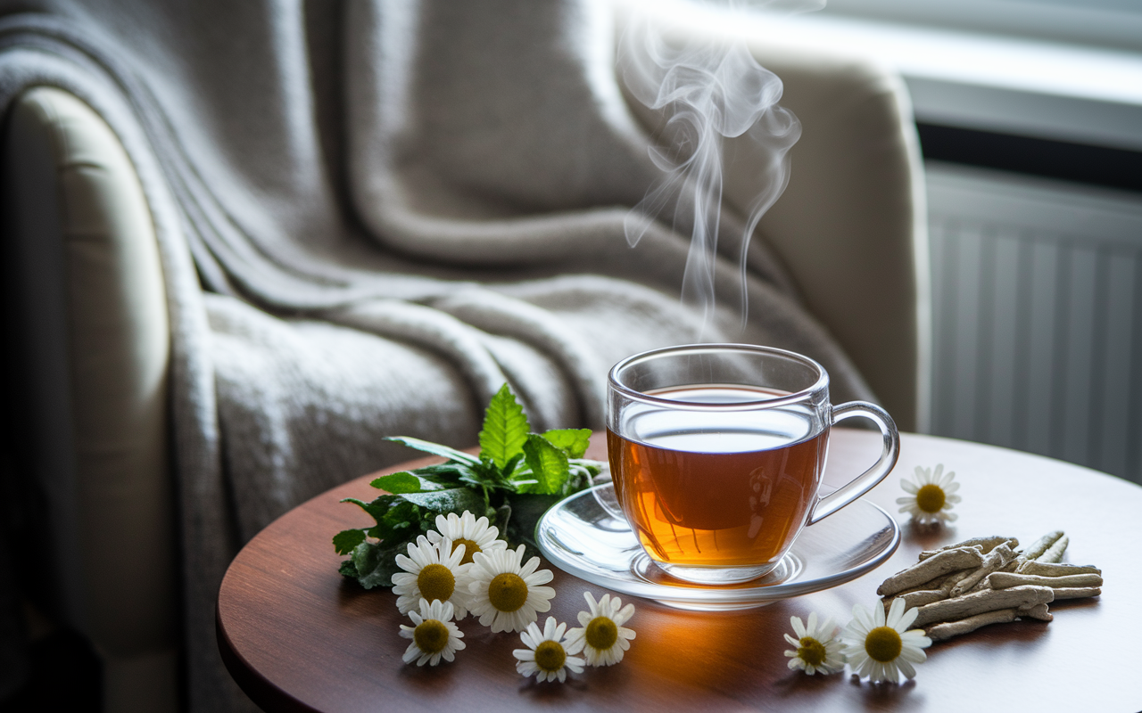 A tranquil scene of a cozy nook featuring a steaming cup of herbal tea on a wooden table, surrounded by an assortment of calming herbs like chamomile and valerian root. Gentle natural light filters through a nearby window, creating a peaceful ambiance. A soft blanket lies draped over the chair, conveying a sense of relaxation and comfort as the perfect backdrop for stress relief before studying.