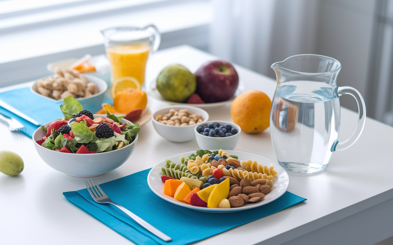 A neatly arranged table featuring a variety of balanced meals, including a colorful salad, whole-grain pasta, fruits, nuts, and a pitcher of water. The setup emphasizes hydration and nutritious choices, with vibrant colors and textures to create an inviting atmosphere. Bright, cheerful lighting, suggesting a healthy, balanced lifestyle that promotes well-being and alleviates test anxiety.