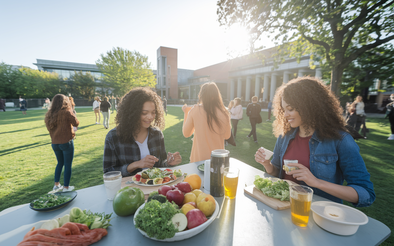 A glimmering sunrise over a college campus, symbolizing hope and a new start. In the foreground, students engage in outdoor activities embracing a healthy lifestyle—some preparing nutritious meals, others chatting while sipping herbal tea. The campus is lively, showcasing greenery and a sense of community, reflecting the importance of good nutrition and mental health in achieving academic success.