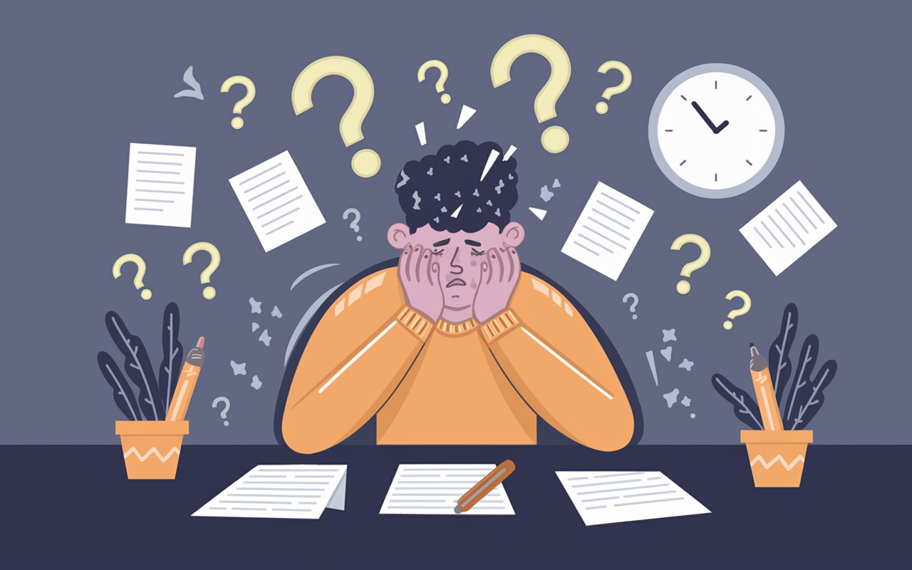 An artistic depiction of a student sitting at a desk overwhelmed by test anxiety. The student shows physical symptoms: sweating, biting nails, and fidgeting, surrounded by floating question marks and examination papers representing confusion and distress. The environment is slightly chaotic, with a clock in the background indicating approaching exam time, and dull colors dominating to emphasize the mood of anxiety.