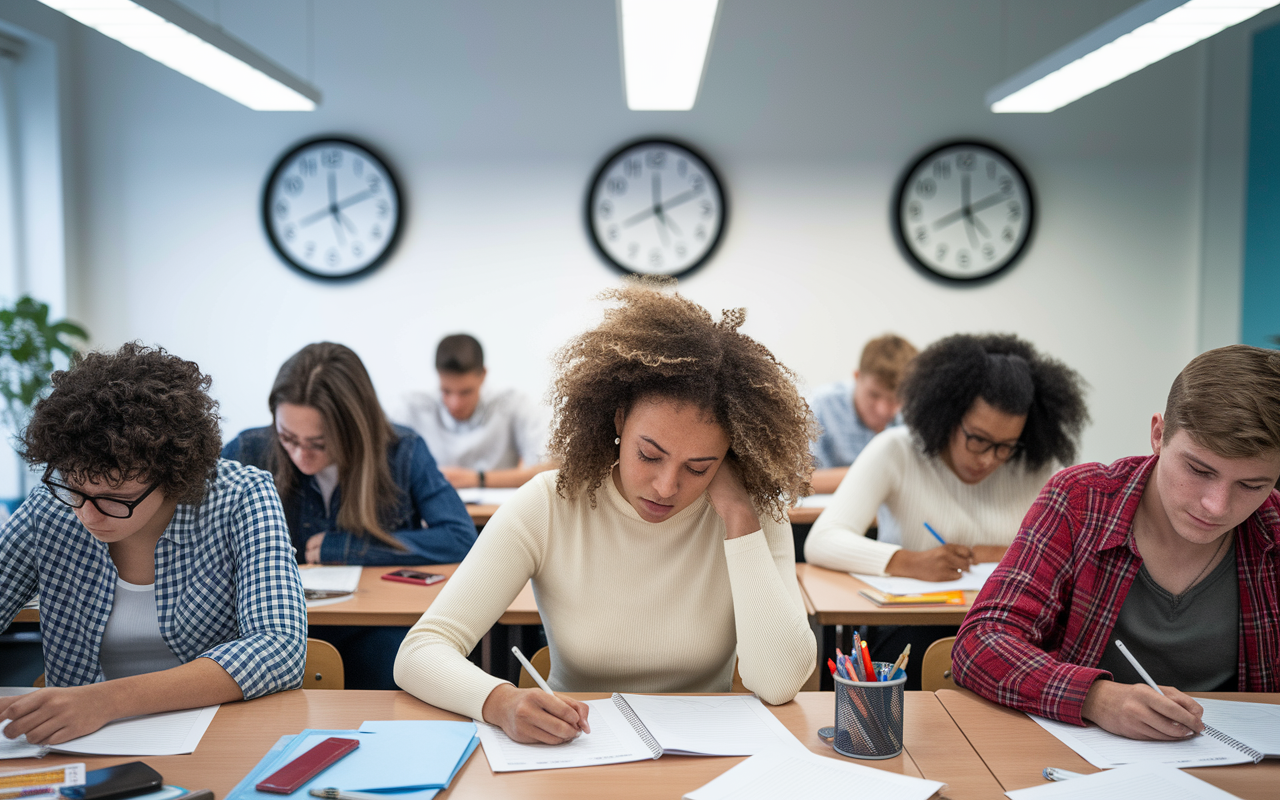 A scene of a diverse group of students in a classroom setting, each focused on their mock exams. Clocks on the wall symbolize the passage of time, with expressions of concentration and slight stress visible on their faces. The atmosphere is serious yet vibrant, with a mix of papers and stationery items spread out on their desks. Bright overhead lights illuminating the room to accentuate the importance of time management.