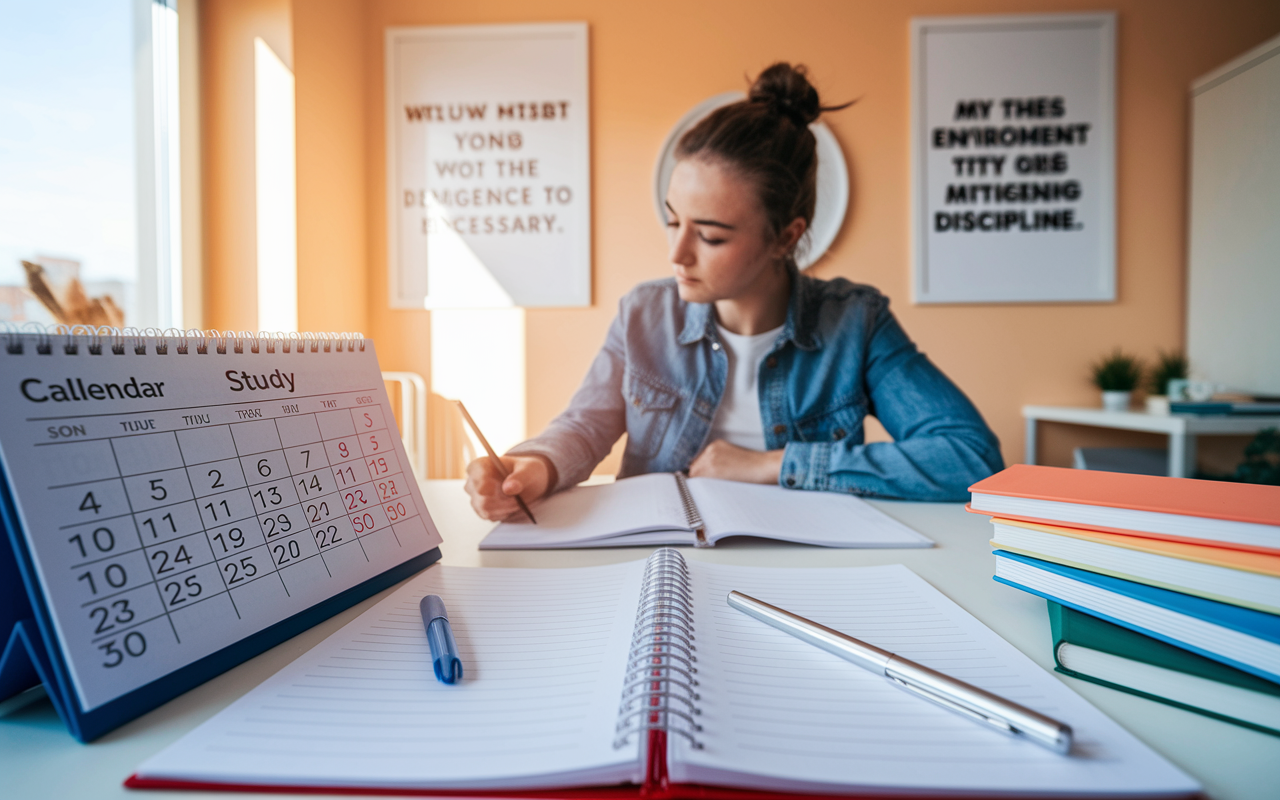 An organized study space featuring a calendar marked with scheduled mock exams, textbooks, and study guides laid out on a desk. A focused student is shown with a planner, highlighting a structured approach to exam preparation. Warm daylight floods through the window, symbolizing a positive environment, with motivational quotes on the walls to inspire diligence and discipline.