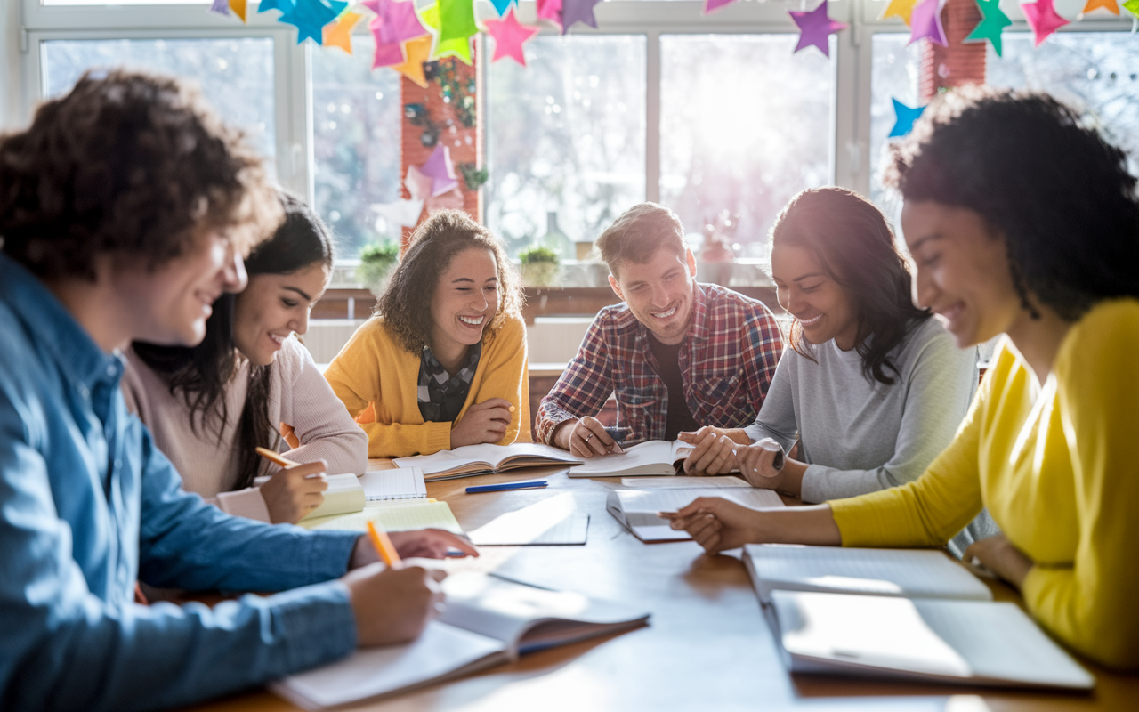 A vibrant group of diverse students gathered around a table, engaged in a mock exam session. Laughter and support are visible as they share tips and encouragement, surrounded by open books and notepads. The room is lively, with colorful decorations and sunlight pouring through the windows, illustrating the camaraderie and teamwork that relieves test anxiety.