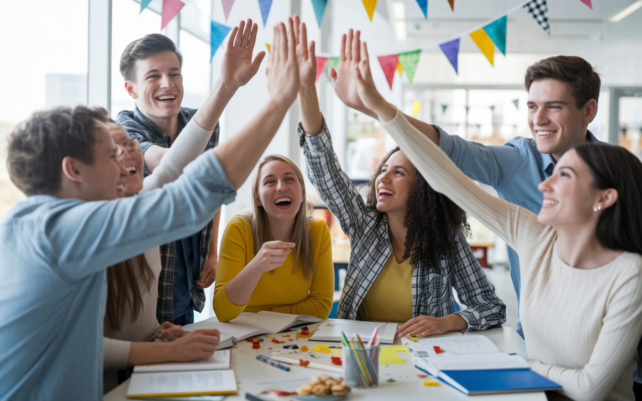 A cheerful group of students celebrating together after a study session, high-fiving and enjoying snacks. They are gathered around a study table filled with textbooks and completed assignments, with expressions of joy and relief. The setting is bright and lively, adorned with party decorations, symbolizing a sense of achievement and encouragement, enhancing the atmosphere of success and teamwork.