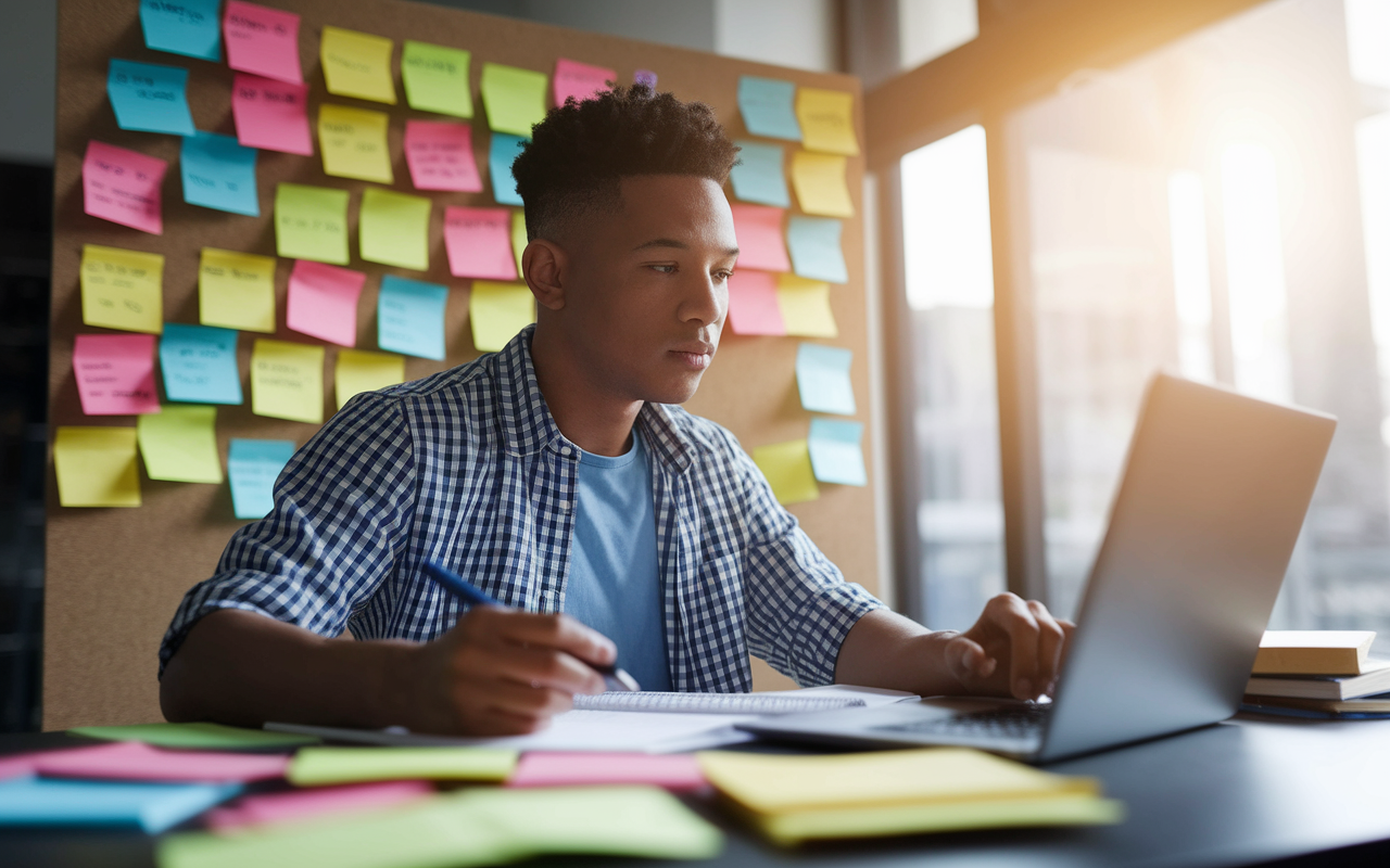 A focused student sitting at a desk in front of a laptop, creating a study schedule on a digital planner. Colorful sticky notes are pinned to a board with key topics. The warm light filtering in through the window creates a hopeful atmosphere. The student has a determined expression as they work towards clear goals.