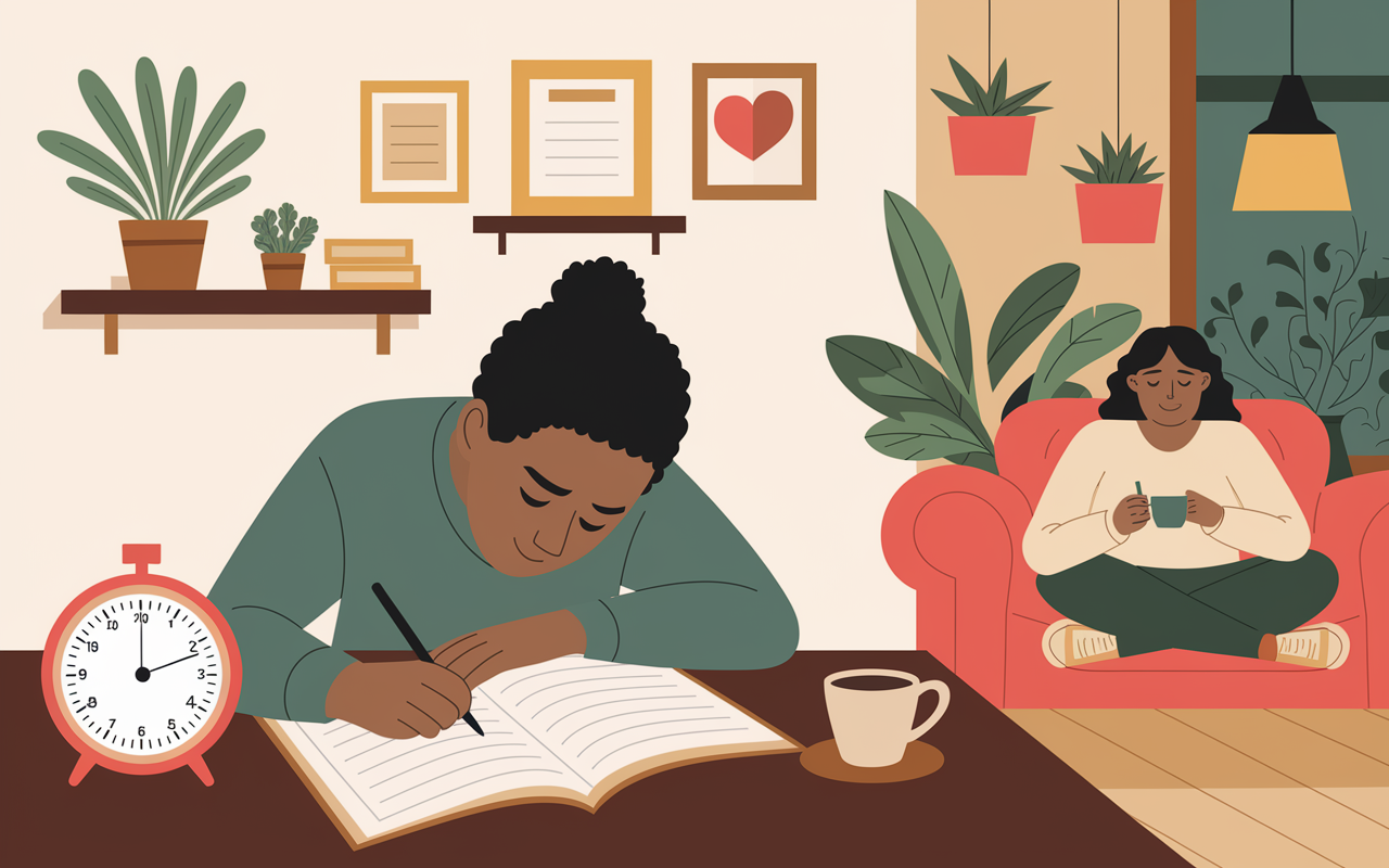 A visually engaging graphic showing the Pomodoro technique: a timer set for 25 minutes with a student studying intently in a cozy study room. After the time expires, the student relaxes during a 5-minute break, sipping tea and smiling while surrounded by plants and warm lighting.