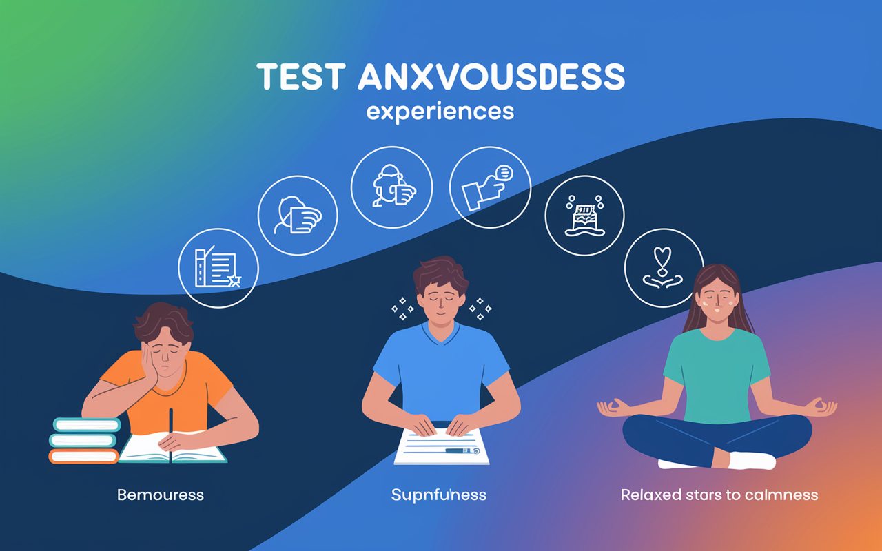 An infographic-style image illustrating the spectrum of test anxiety experiences, ranging from mild nervousness to extreme panic. The background is a calming blue gradient with visual icons representing various symptoms: a student studying with books, another with sweat on their brow in front of an exam paper, and one in a relaxed state practicing mindfulness, symbolizing the journey from stress to calmness.