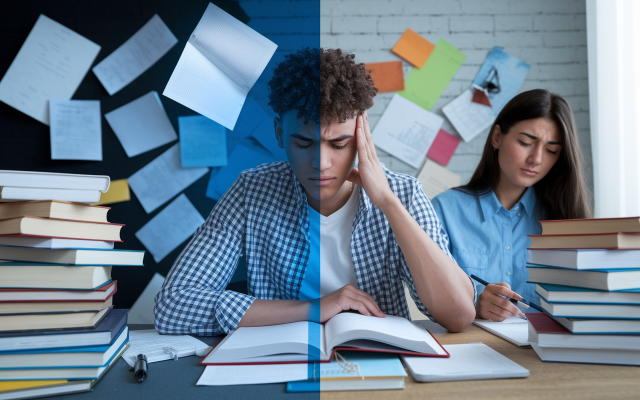 A split-scene image showing a student at a desk: on one half, the student is overwhelmed, surrounded by books and notes, with anxious expressions; on the other half, the same student appears confident, actively participating in a study session with a study group, showcasing a balance of anxiety and performance. The overall atmosphere is dynamic, showing the contrast between anxiety and focus.