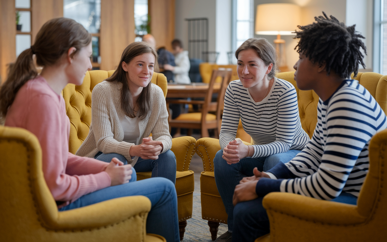 A scene depicting a supportive therapy session for students dealing with test anxiety, where a mental health professional guides them. The setting is a comfortable, casual room with plush chairs and warm lighting. The students, appearing vulnerable yet hopeful, engage in sharing their experiences and coping strategies, creating a sense of unity and progress.