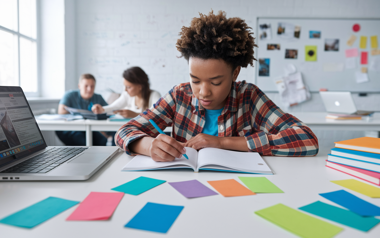 A focused student studying in a bright and organized study space, utilizing active learning techniques. They are engaged with colorful flashcards, a laptop with educational content, and a whiteboard filled with notes and diagrams in the background. The atmosphere is vibrant and studious, showcasing enthusiasm for learning.