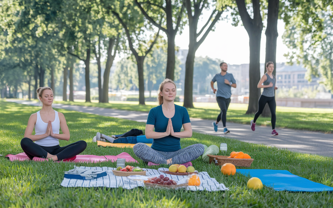 A serene outdoor scene showcasing various aspects of a healthy lifestyle and mindfulness. Students doing yoga in a park, another jogging on a path, with fruits and vegetables spread on a picnic blanket, emphasizing the importance of physical health, mental clarity, and community. The lighting is bright and uplifting, creating an overall sense of well-being.