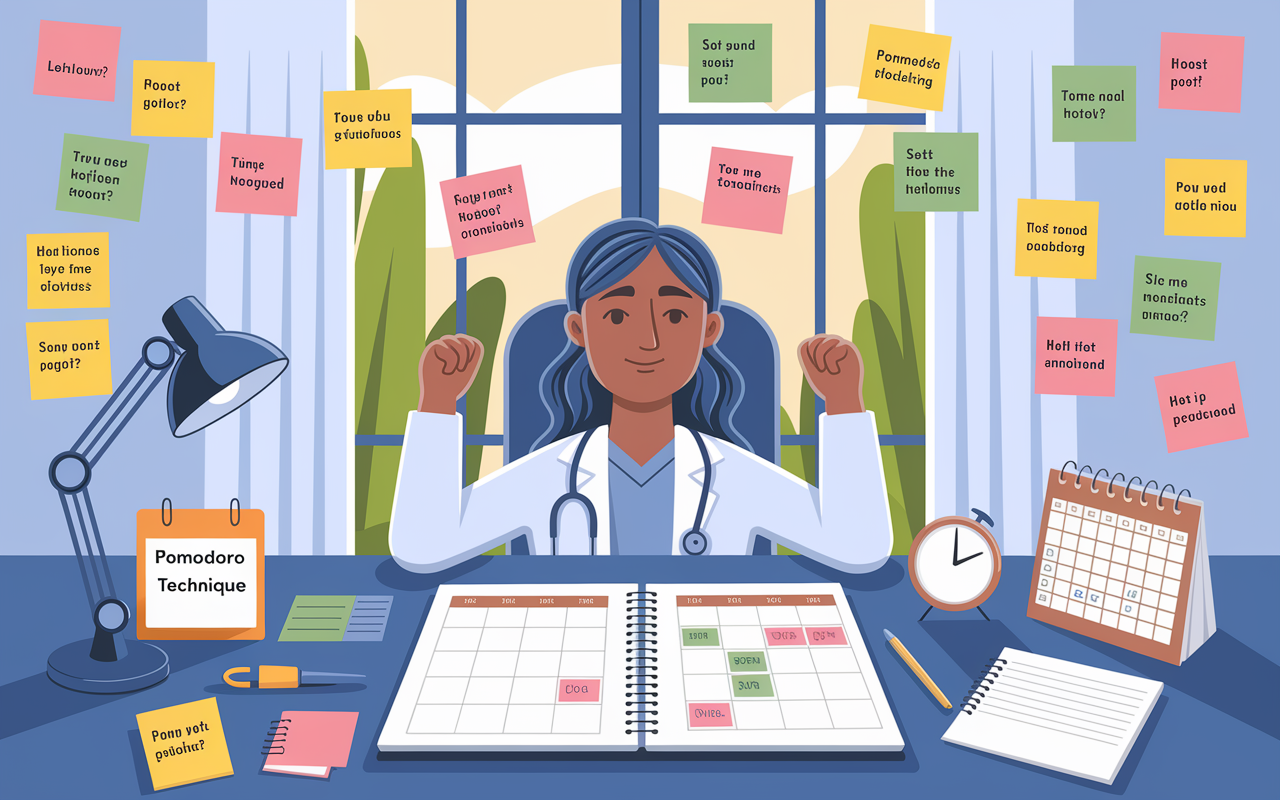 A digitally illustrated scene showing a medical student at a tidy desk with a calendar and planner, engaged in time management. The desk is organized with sticky notes highlighting the Pomodoro technique, symbols representing time blocking, and a timer. The student looks relaxed and focused, surrounded by colorful post-it notes of motivational affirmations and reminders. Bright, natural light filters through the window, enhancing a calm and productive ambiance.