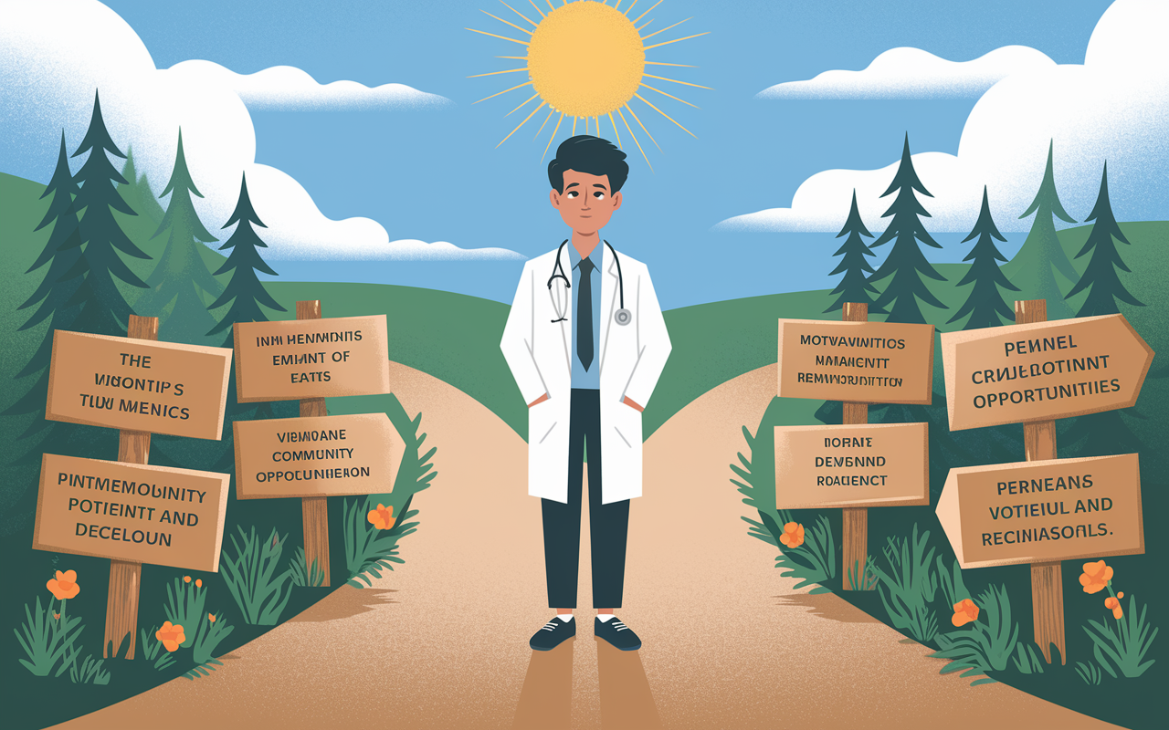 Illustration of a medical student standing at a crossroads, contemplating two paths: one heavy with textbooks and challenges, while the other showcasing a vibrant community, support, and learning opportunities. The sky is bright and hopeful, symbolizing potential and growth. The student's expression is one of determination and optimism, with motivational signs along the path encouraging personal development and resilience. The setting is serene, encouraging reflection and decision-making.