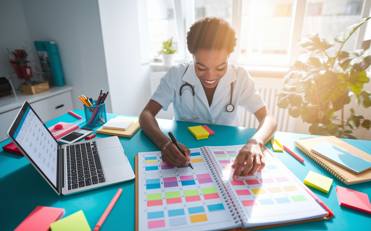 A focused medical student at a bright, organized desk with a large planner open, filled with colorful notes and schedules. They have a laptop open to a time management app, surrounded by stationery items like highlighters and sticky notes. The atmosphere is vibrant and optimistic, with sunlight streaming in through a window casting a cheerful glow.