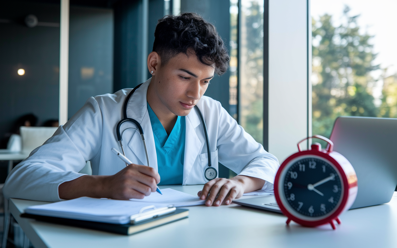 An engaged medical student in a modern study space, working with determination on a laptop with a timer set beside them, showcasing the Pomodoro Technique. A visually appealing clock ticking down 25 minutes, with their study materials neatly arranged. Natural light illuminating the space enhances a sense of concentration and productivity.