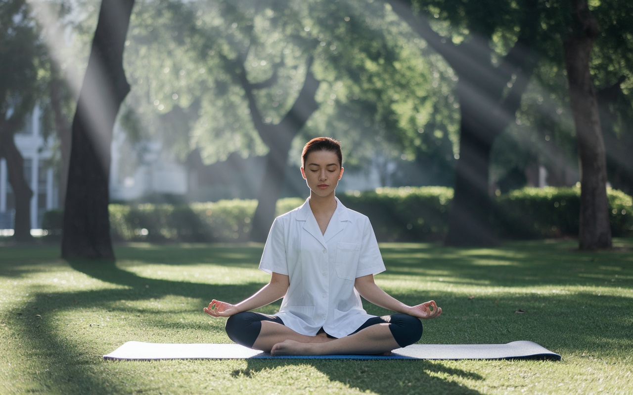 A serene image of a medical student practicing yoga in a peaceful park setting, surrounded by nature. Soft morning light filters through the trees casting gentle shadows on their mat, symbolizing balance and mental clarity. They hold a tranquil pose, embodying relaxation amidst the demands of their rigorous studies.