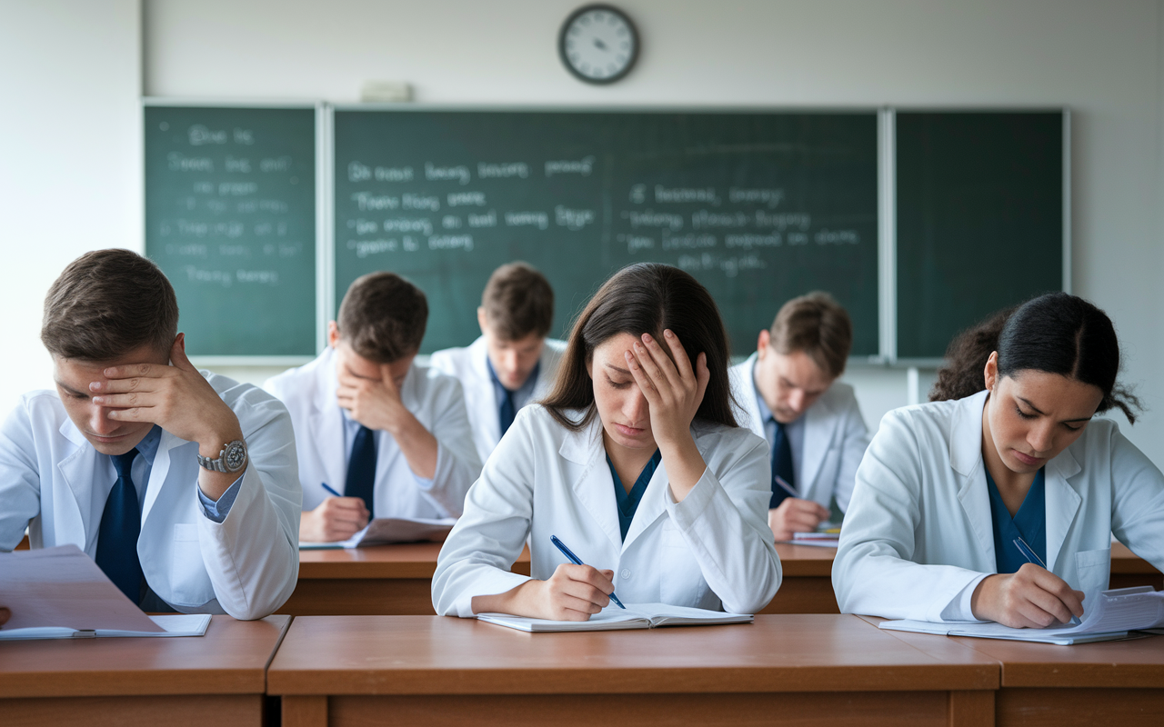 A tense classroom scene where medical students anxiously review materials, with some students visibly stressed and looking at their notes, while a clock shows time is running out, reflecting the pressure and competition among peers.