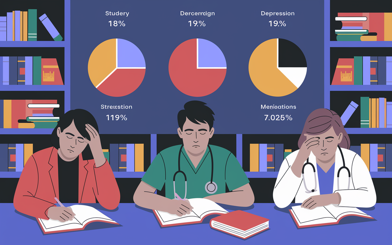 An infographic-style illustration showing alarming statistics about mental health in medical students, with pie charts and percentages visually representing anxiety and depression rates, surrounded by imagery of stressed students studying at a library.