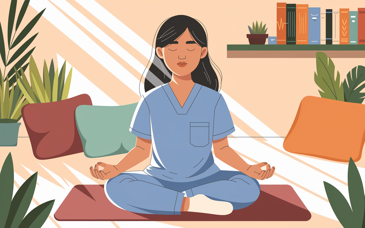 An illustrated scene of a medical student practicing mindful breathing in a peaceful indoor environment, surrounded by soft cushions and calming plants. The student is depicted as a young Asian woman in scrubs, with eyes closed and a serene expression as she inhales deeply. Gentle sunlight filters through a window, creating a cozy atmosphere filled with soft shadows. The background showcases a tidy desk with medical books, symbolizing the balance between study and mindfulness.