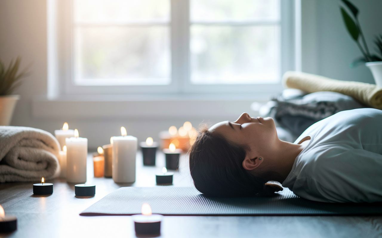 A tranquil scene of a medical student lying on a yoga mat in a well-lit room, engaging in body scan meditation. The focus is on the student's relaxed expression and the soothing surroundings filled with candles and soft blankets. Natural light streams in from a large window, casting a warm glow over the scene, enhancing the feeling of tranquility and self-awareness.