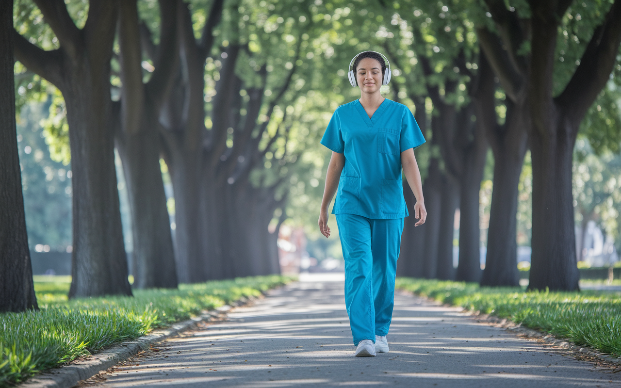 A peaceful outdoor scene depicting a medical student practicing mindful walking along a tree-lined path. The student, wearing scrubs and headphones, is depicted stepping gently, with a look of calm on their face, as they absorb the beauty of nature around them. Sunlight filters through the leaves, creating dappled patterns on the ground, symbolizing the connection between mindfulness and nature.