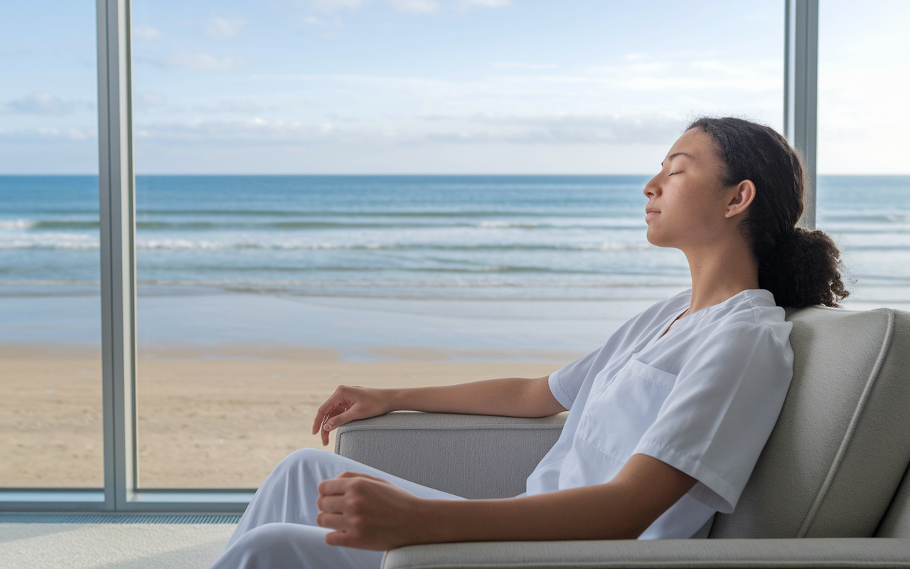 A calming image of a medical student seated comfortably, eyes closed in a quiet room, visualizing a peaceful beach. The backdrop features a floor-to-ceiling window showcasing an ocean view, with waves gently lapping against the shore. The soft color palette and gentle furnishings facilitate a serene atmosphere conducive to relaxation and visualization.