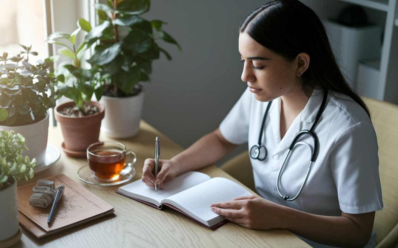 An intimate scene of a medical student sitting at a cozy desk, engrossed in mindful journaling. Soft daylight illuminates the space as the student, a young Hispanic woman, writes in an elegant journal, surrounded by potted plants and personal mementos. A warm cup of tea rests beside her, enhancing the feeling of comfort and reflection.