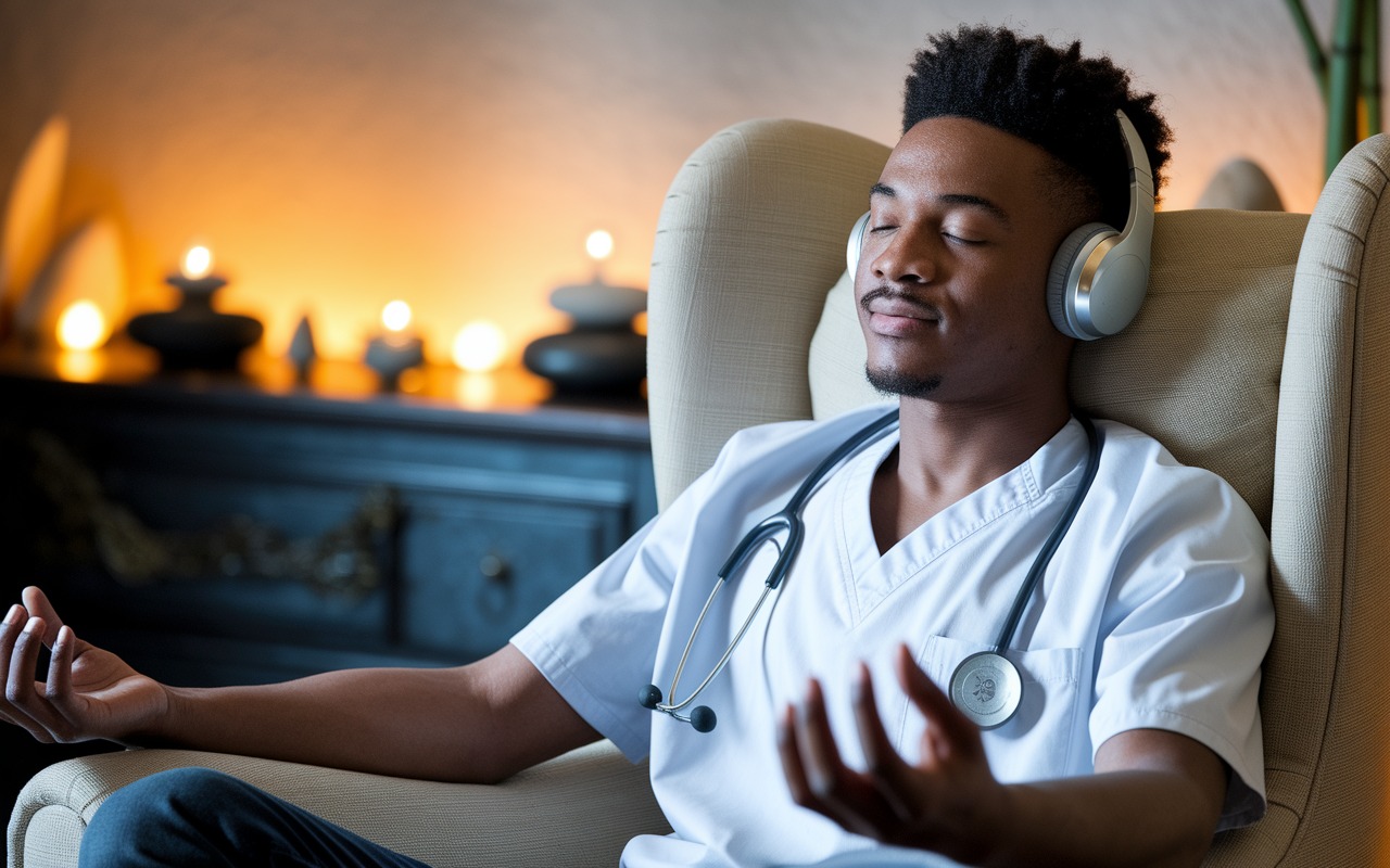 An inviting scene depicting a medical student, a young Black man, seated in a comfortable chair with headphones, engaged in guided mindfulness meditation. The room is softly illuminated with warm lights, and Zen décor, such as stones and bamboo, creates a calming environment. The focus is on the content expression of calm and tranquility on the student's face.