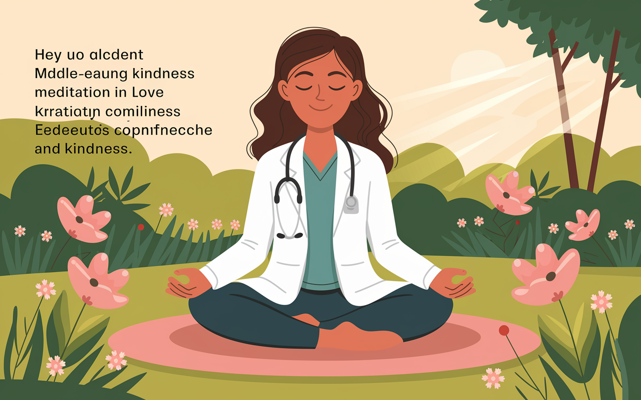 A heartwarming illustration of a medical student, depicted as a young woman of Middle-Eastern descent, practicing love and kindness meditation in a serene garden. Surrounded by flowers, she sits cross-legged with a peaceful smile, embodying the feelings of love and compassion. Gentle sunlight bathes the scene in warmth, highlighting the connection between mindfulness and kindness.