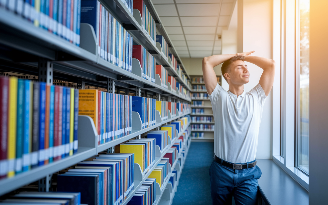 A lively scene showing a medical student taking a mindful study break in a bustling university library. The student, a young Caucasian male, stands by a window stretching with a look of refreshment and focus. Sunlight streams in, illuminating shelves filled with medical books, signifying the importance of balance between study and mindfulness.