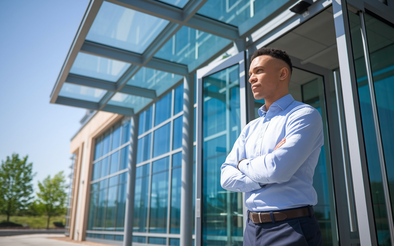 A neatly dressed aspiring medical professional in business casual attire, standing at the entrance of a hospital, looking confident and determined. The setting includes a modern hospital facade and clear blue skies. This conveys a sense of professionalism and readiness for the medical shadowing experience.