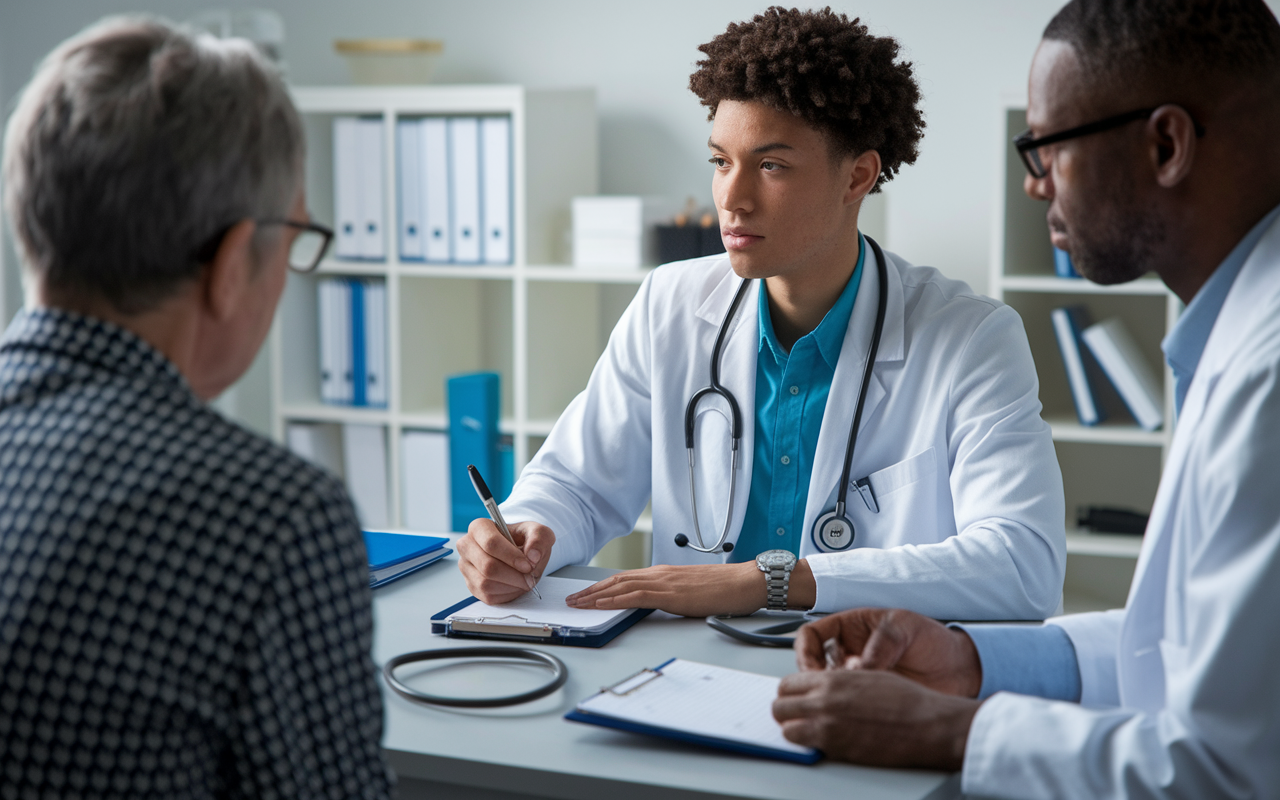 An engaged medical student sitting in a clinic room, observing a physician during a patient consultation. The student is focused, taking meticulous notes on a notepad, surrounded by medical charts and a stethoscope. The room is well-lit, exuding a scholarly atmosphere, emphasizing active learning and the importance of documentation in shadowing.