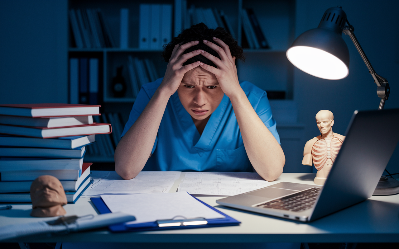 A close-up view of a worried medical student in scrubs, sitting at a desk scattered with medical textbooks and papers, looking stressed and holding their head in their hands. The desk is cluttered with anatomical models and a laptop displaying stacks of study materials, emphasizing the pressure of medical education. The lighting is dim, with a single desk lamp providing a warm glow, highlighting the student's anxious face, portraying feelings of isolation and self-doubt.