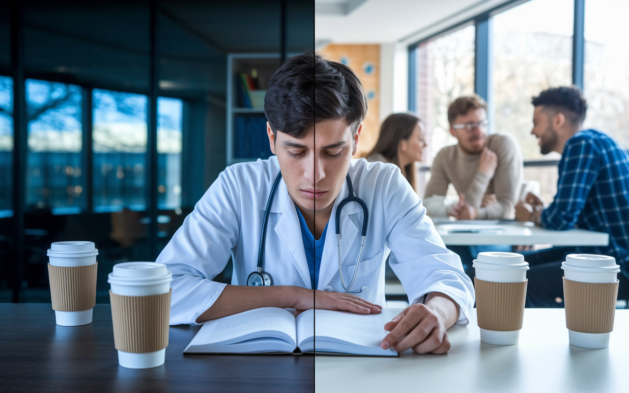 A split image showing two contrasting scenes. On one side, a medical student in a lab coat looks exhausted while pouring over textbooks late at night, surrounded by empty coffee cups—a visual depiction of stress and anxiety. On the other side, the same student shares a light moment with peers in a bright study room filled with encouragement, laughter, and active discussions, symbolizing support and camaraderie amongst students.