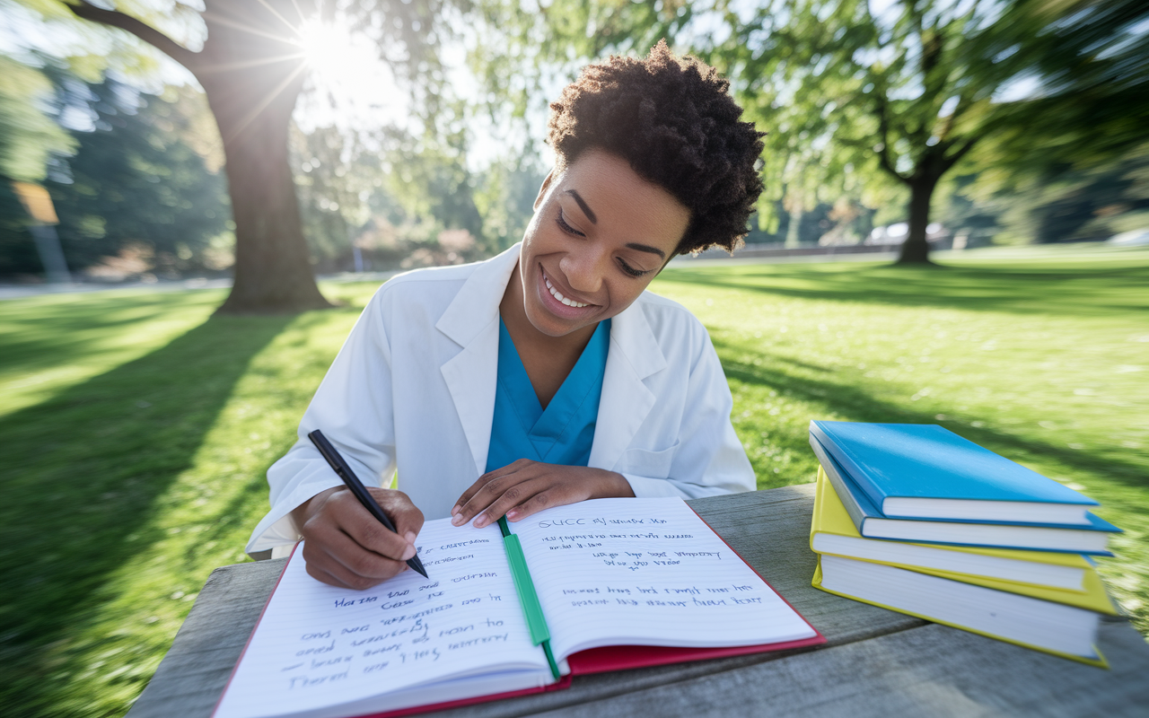 An inspirational scene of a bright and hopeful medical student in a serene park, writing in a success journal with a smile on their face, as sunlight shines through the trees. The journal shows notes of achievements and positive affirmations, with books and study materials organized nearby, suggesting a balanced approach to academics and mental well-being. The atmosphere is uplifting, symbolizing the journey of self-acceptance and growth.