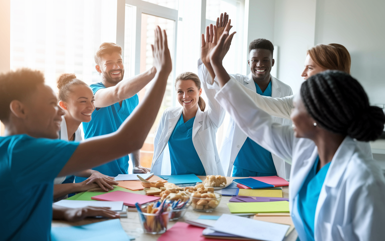 A cheerful group of diverse medical students in a study room, celebrating after successfully completing exams. They are high-fiving, showing a vibrant atmosphere of camaraderie and support. The room is filled with colorful study materials and snacks, with bright sunlight streaming through windows, indicating a positive and encouraging environment. A sense of accomplishment and unity among the students is palpable.