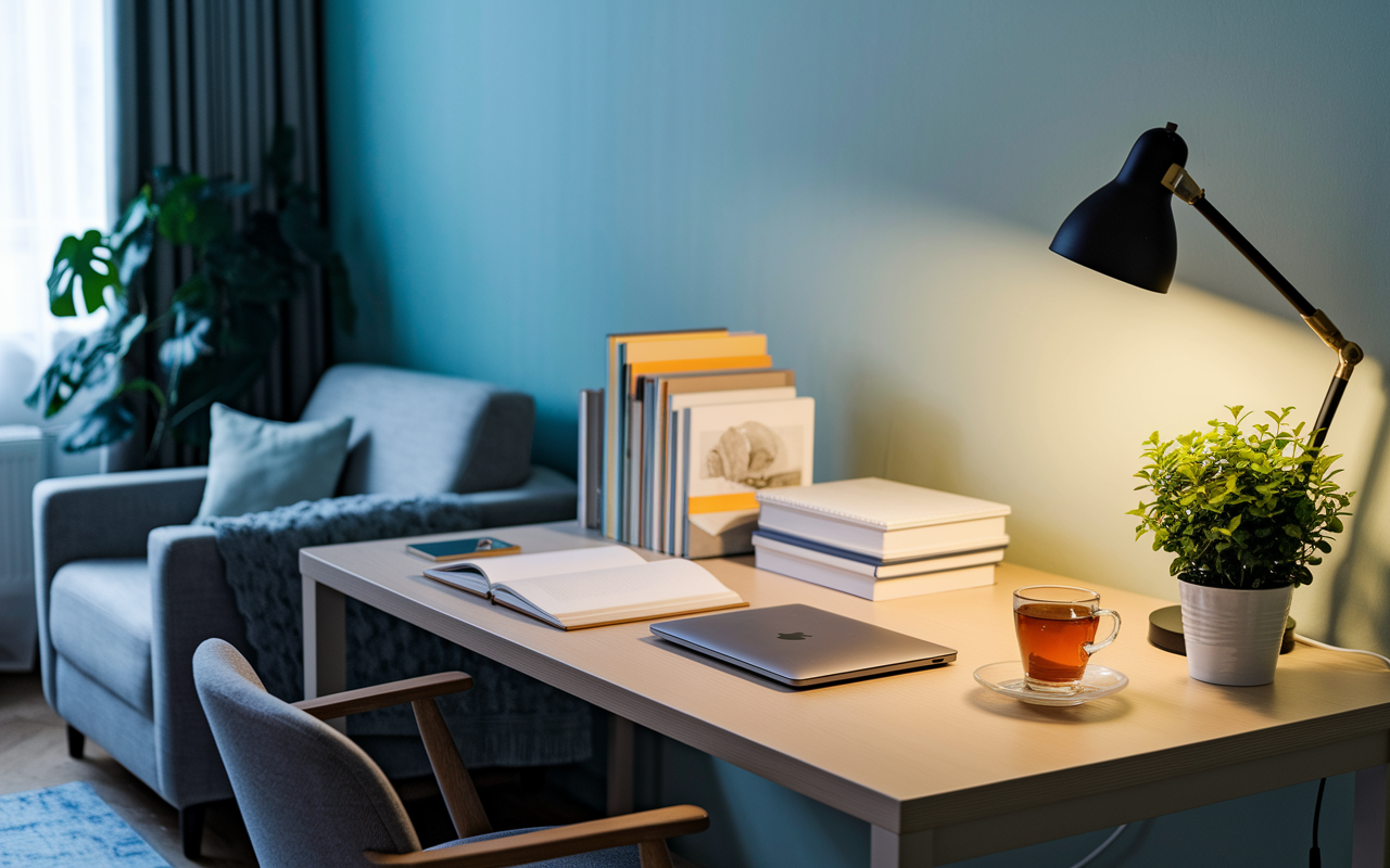 An image showcasing a minimalist, clutter-free study corner in a cozy living space. The desk is organized with neatly stacked books, a laptop, and a cup of herbal tea. Soft ambient light from a desk lamp casts a warm glow over the area, enhancing the peaceful atmosphere. A comfortable chair invites the viewer to sit down and study while a potted plant adds a touch of nature. The calming colors of blue and green on the walls promote tranquility, illustrating the importance of a well-structured space for focus and concentration.