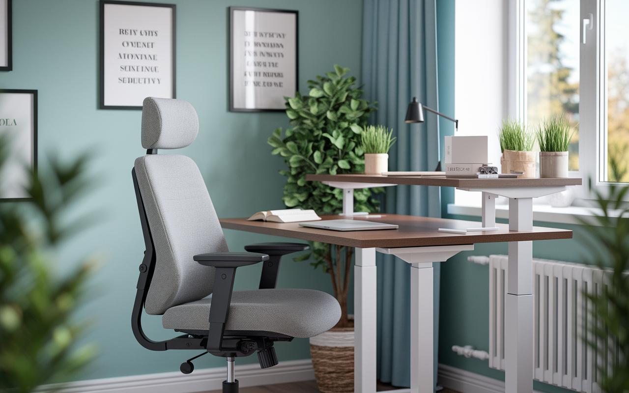 A detailed view of a well-designed ergonomic study setup featuring a height-adjustable desk, a comfortable chair, and a laptop positioned at eye level. The space is airy with natural lighting streaming in from a window and decorative elements like framed inspirational quotes and greenery. The setting exudes calmness with soft color schemes and neatly organized materials on the desk, symbolizing the blend of comfort and productivity required for effective study.