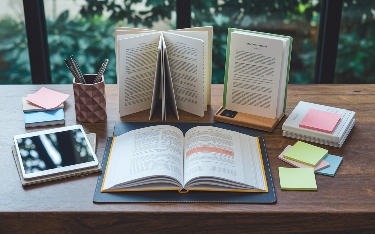 An exquisite arrangement of high-quality study materials displayed on a wooden desk. Open textbooks with highlighted sections and a digital tablet with a study app visible are placed harmoniously. Surrounding the materials are aesthetically pleasing organization tools, like a stylish pen holder and sticky notes. The background features a calming scene of nature visible through a window, emphasizing the importance of having the right tools in a tranquil environment for optimal learning.