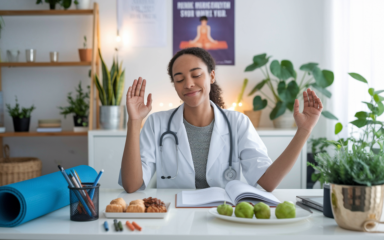 An inspirational scene of a medical student sitting at a bright study desk with a peaceful expression, surrounded by study materials, healthy snacks, and a motivational poster on the wall. The environment is harmoniously balanced with natural light flowing in, plants on the desk, and a cozy ambiance. The student is engaging in mindfulness, perhaps with a yoga mat nearby, highlighting the integration of study, wellness, and personal growth in their academic journey.