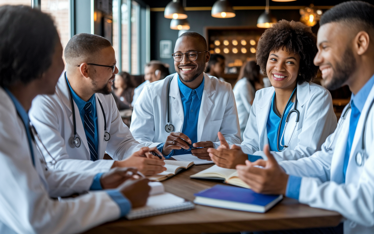 A lively scene of a diverse group of medical students sitting in a cozy coffee shop, engaged in animated discussion. They share smiles and empathetic expressions as they exchange experiences about medical school challenges. The warm atmosphere is enhanced by soft lighting, with textbooks and notebooks scattered across the table, showcasing a sense of community and support.