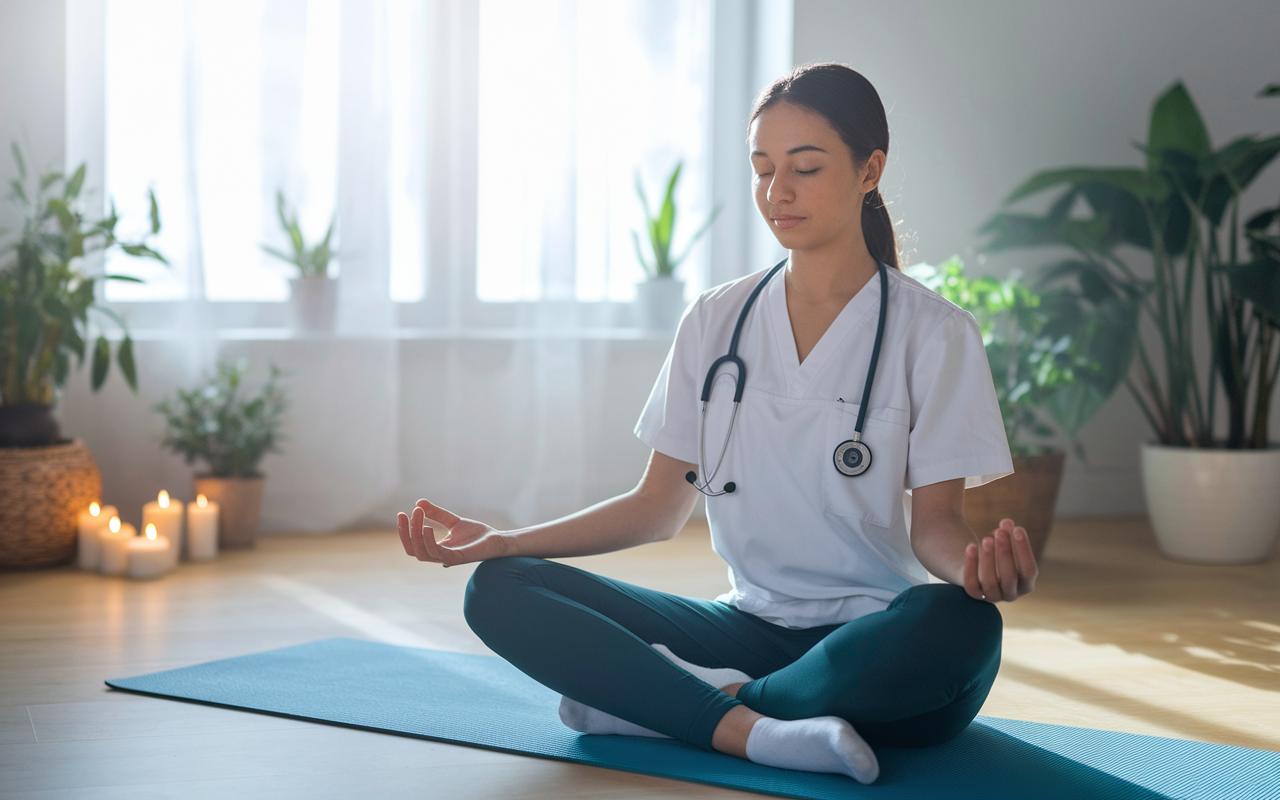 A serene indoor setting with a young medical student practicing mindfulness meditation on a yoga mat, surrounded by soft natural light streaming through a window. The room has calming decor, including plants and candles. The student sits cross-legged, eyes closed, with an expression of calm and focus, embodying peace amidst the chaos of medical studies.