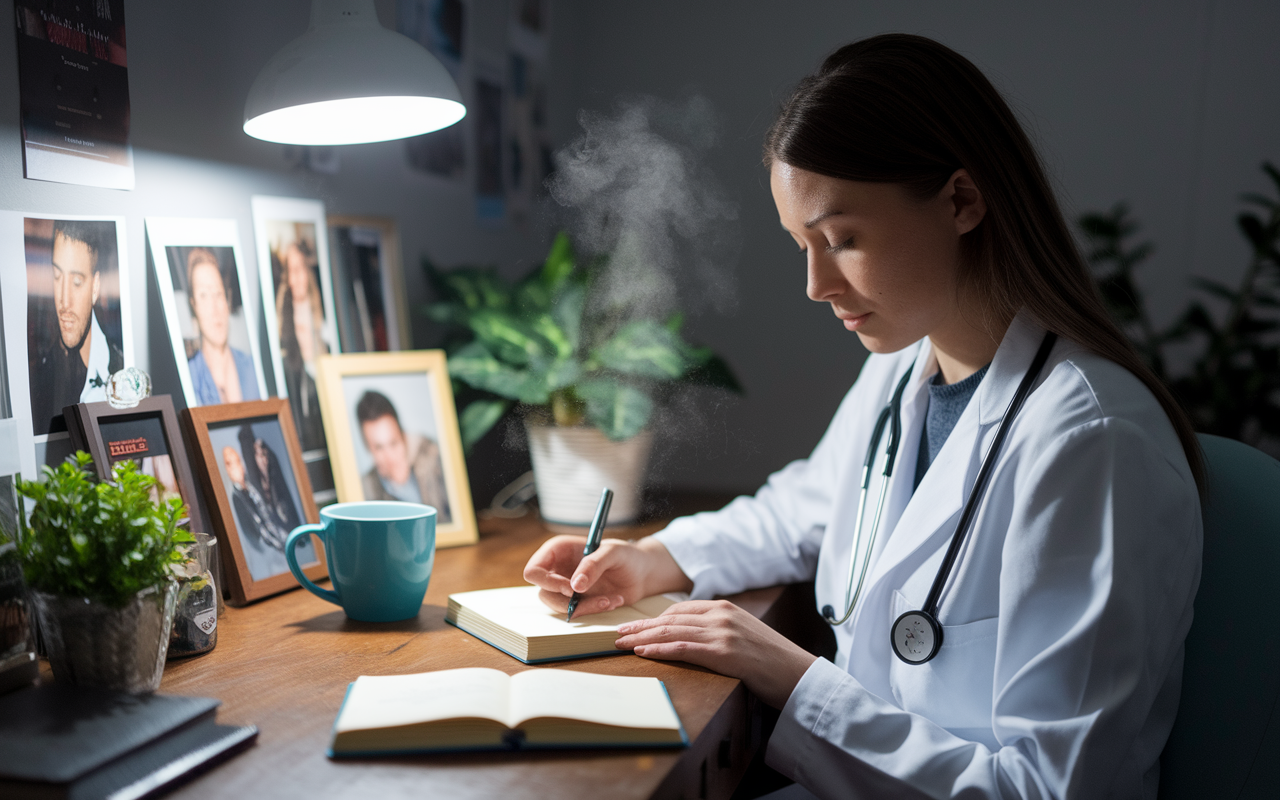 A cozy, personal space where a medical student sits at a wooden desk, writing in a journal under soft lighting. The desk is filled with personal items, including photos, motivational quotes, and a steaming mug of tea. The student's expression reflects deep concentration and introspection, highlighting the importance of reflection for mental health.